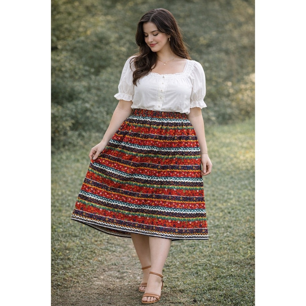 Vintage Homemade Floral Stripe Skirt Multi-Color Elastic Waist Boho Cottagecore